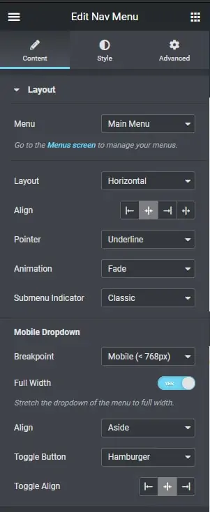 cómo crear una cabecera con menú desplegable en elementor pro 1
