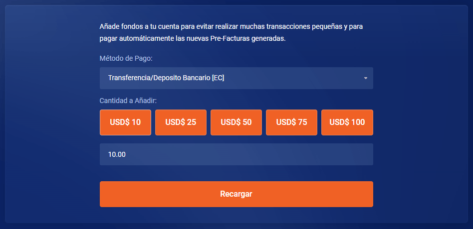 recarga de saldo area de cliente