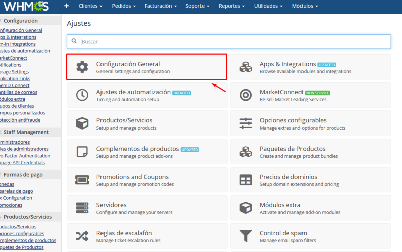 configuracion general whmcs